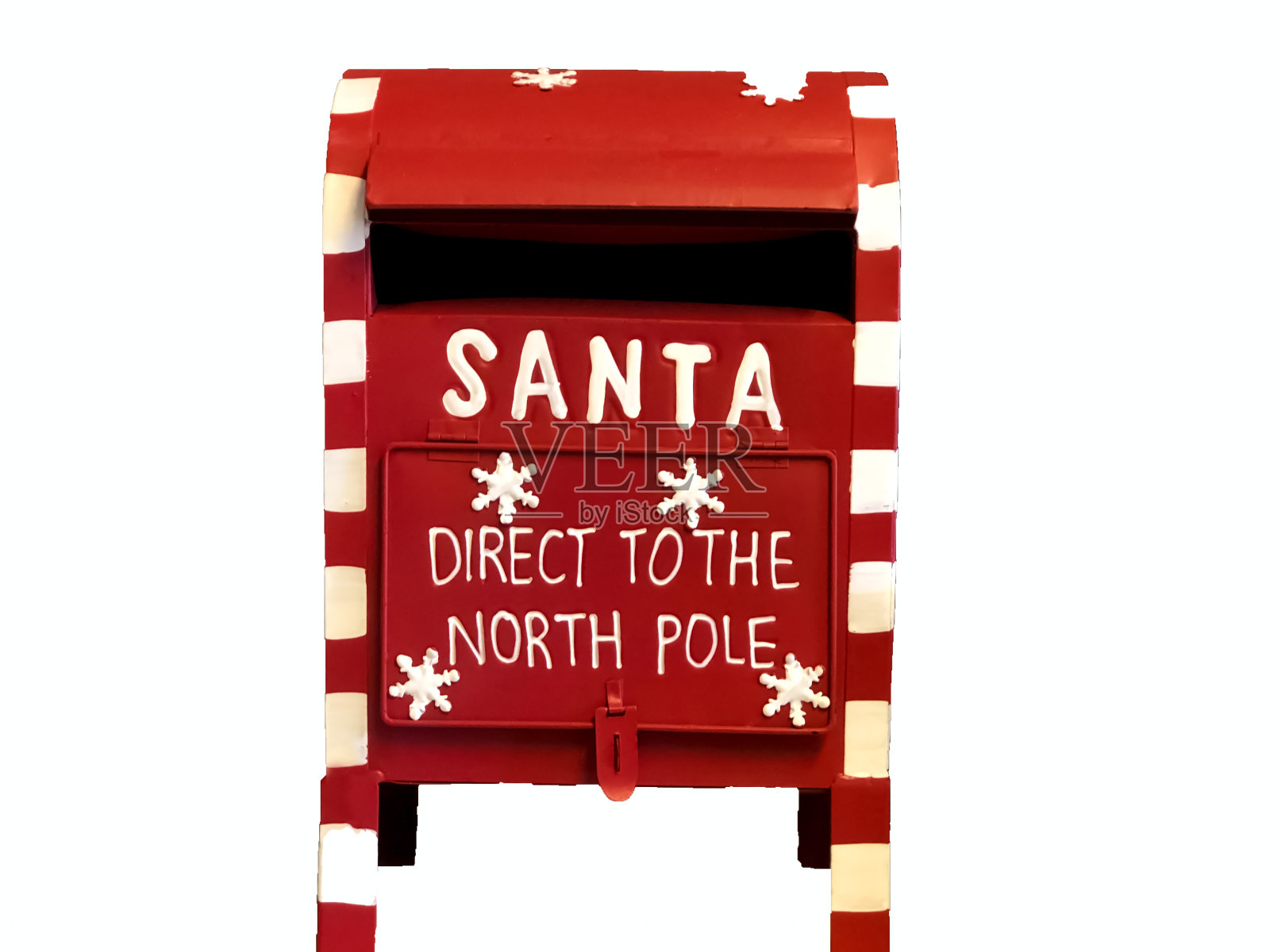 红红的圣诞老人邮箱里有文字直接往北极孤立上白。圣诞节的概念。照片摄影图片