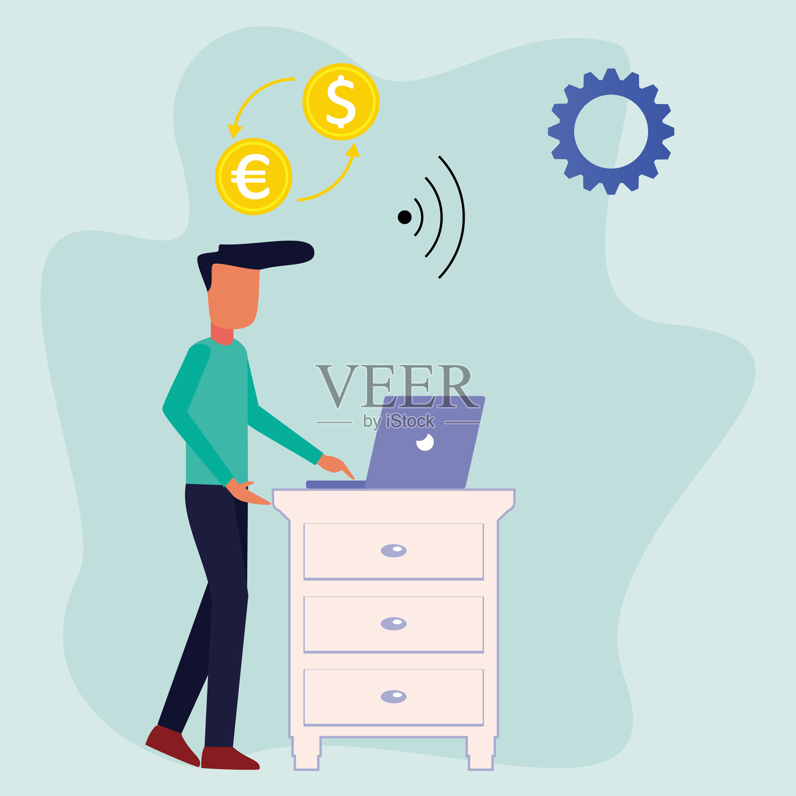 一个英俊的商人在用笔记本电脑插画图片素材