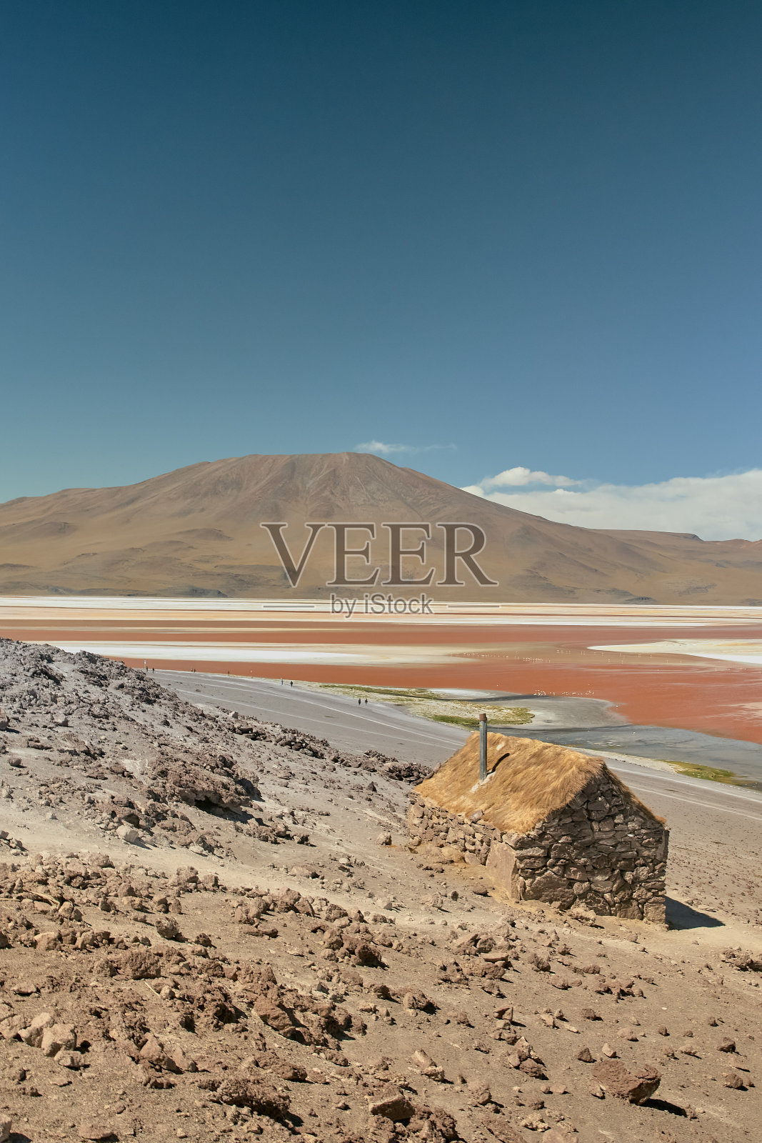 红色的水和火烈鸟在科罗拉多泻湖-玻利维亚南部照片摄影图片