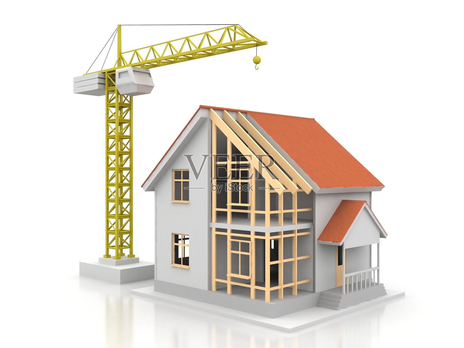 房子的3d渲染插图与开放的内部顶部。蓝图，文件，起重机和抵押贷款计算。照片摄影图片