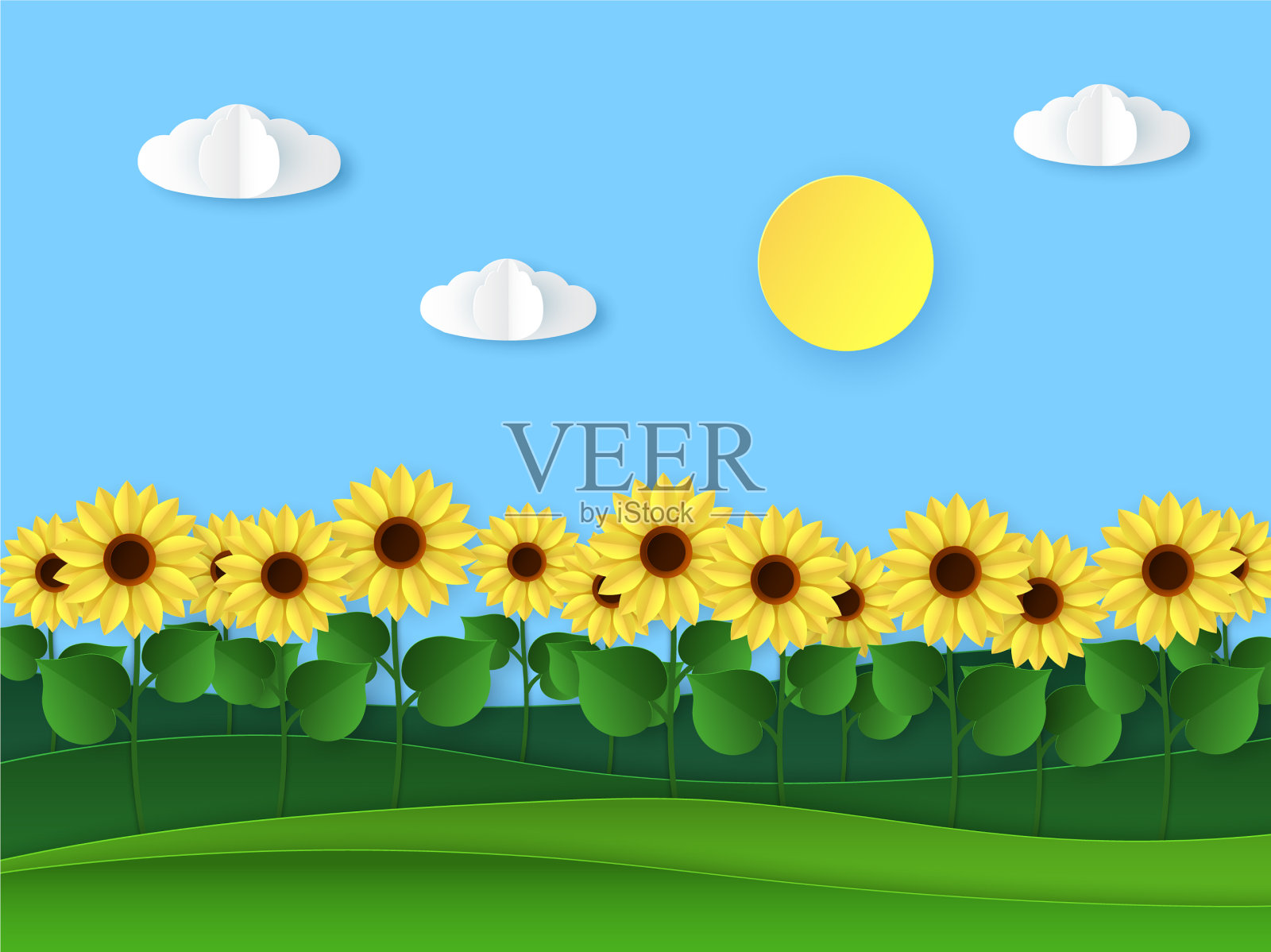 向日葵纸夏日田野景观纸插画图片素材
