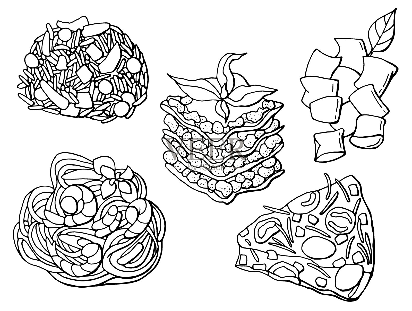 意大利民族美食。一套黑白线性盘。插画图片素材
