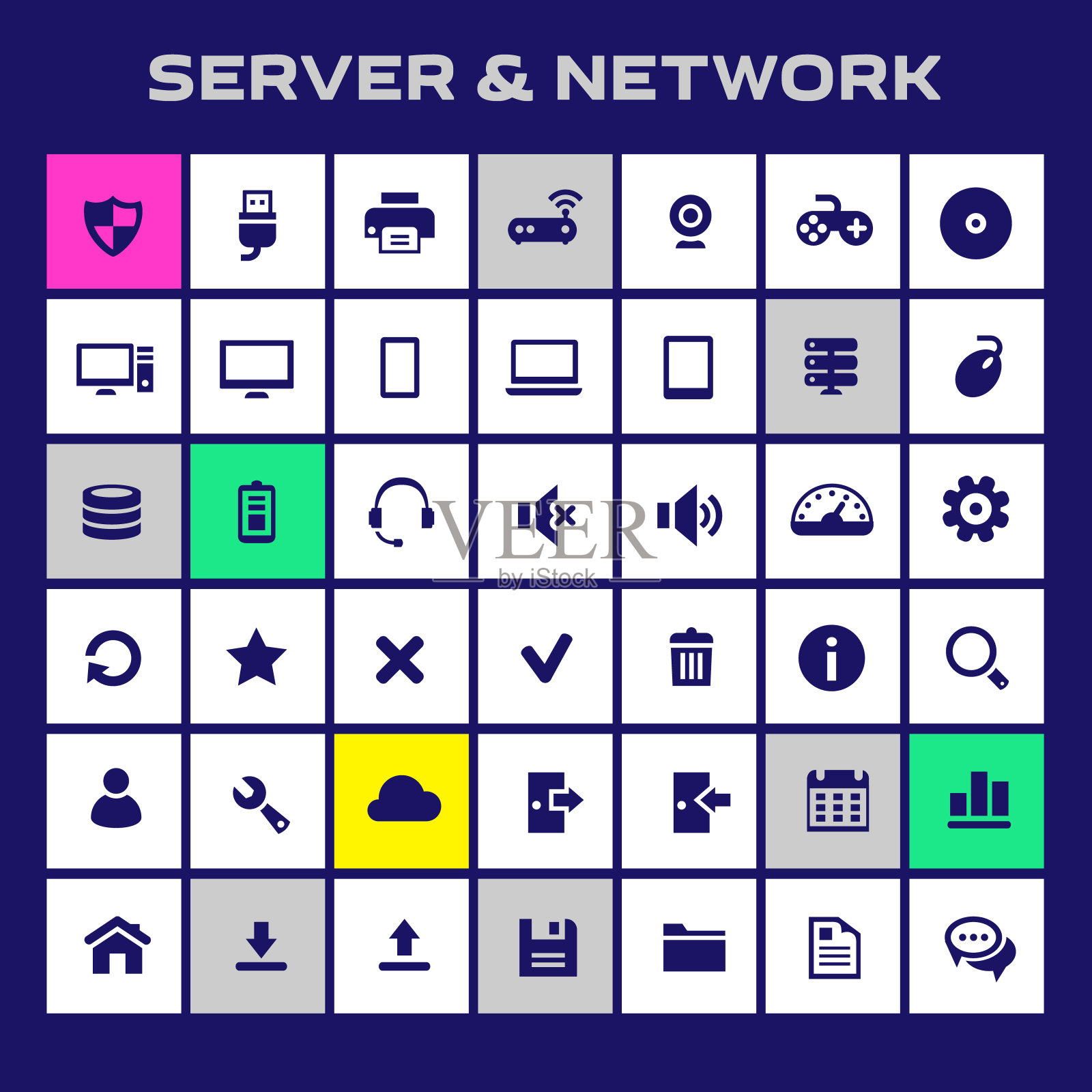 计算机和服务器网络图标集，流行的平面图标图标素材