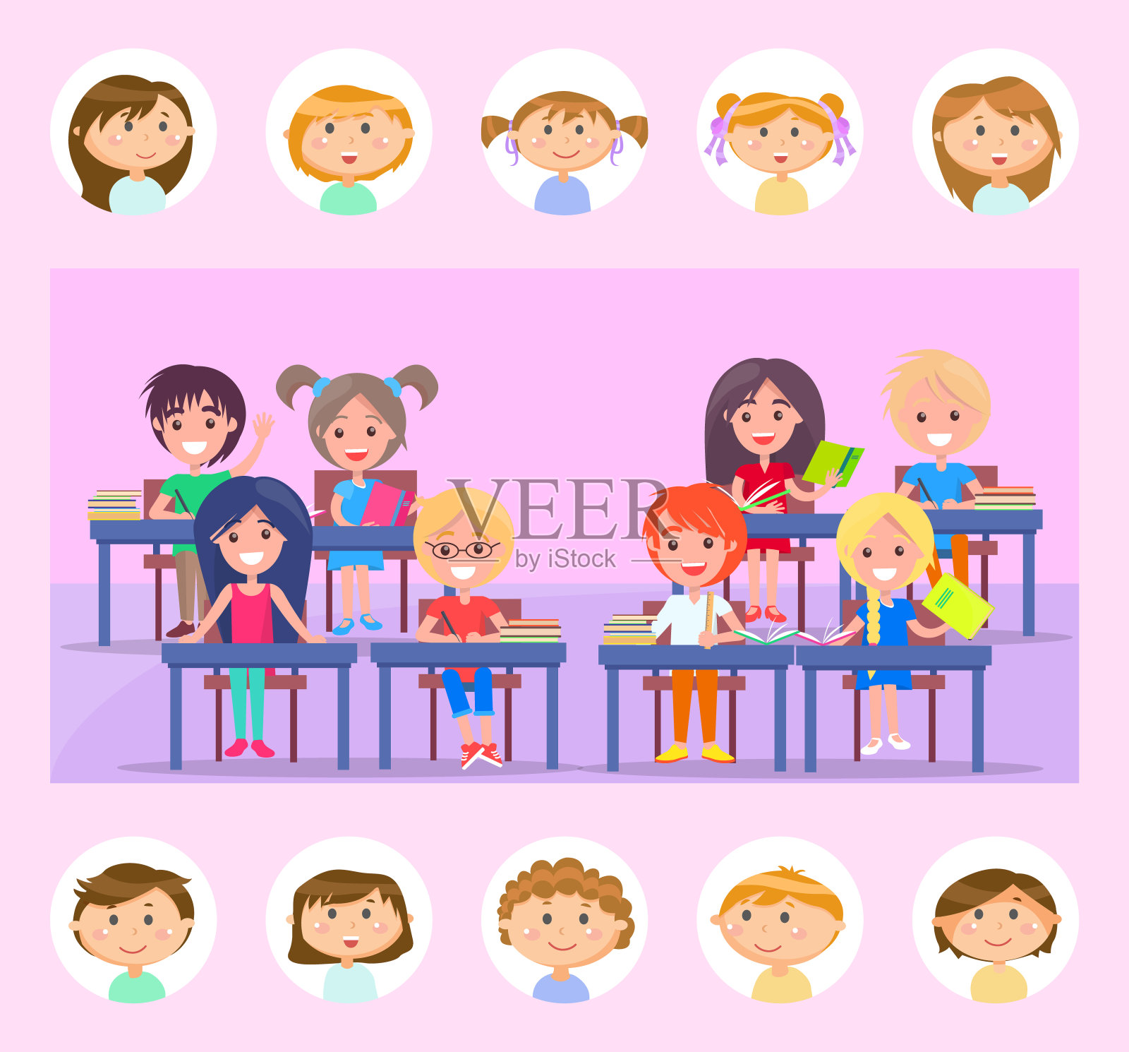 同学与教室，学生与书本向量插画图片素材