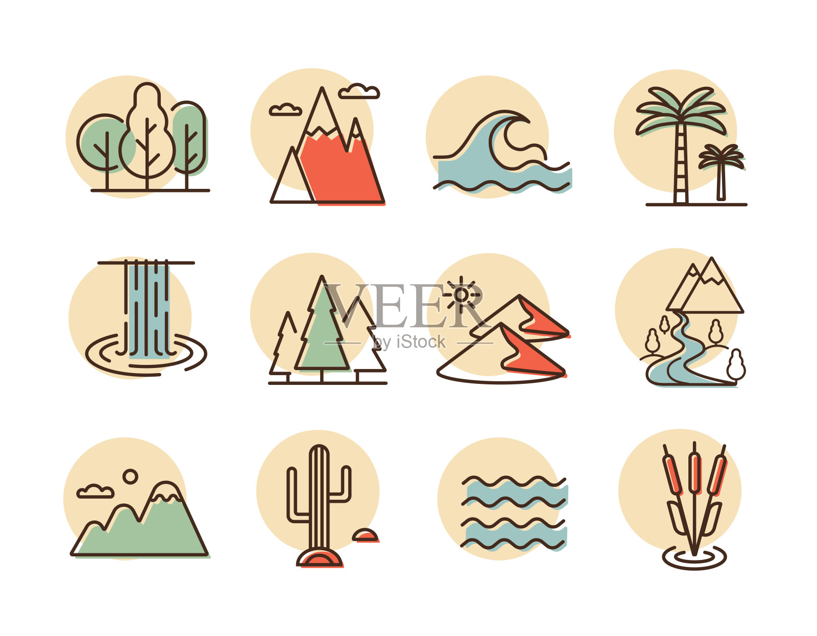 自然向量图标集。景观标志插画图片素材