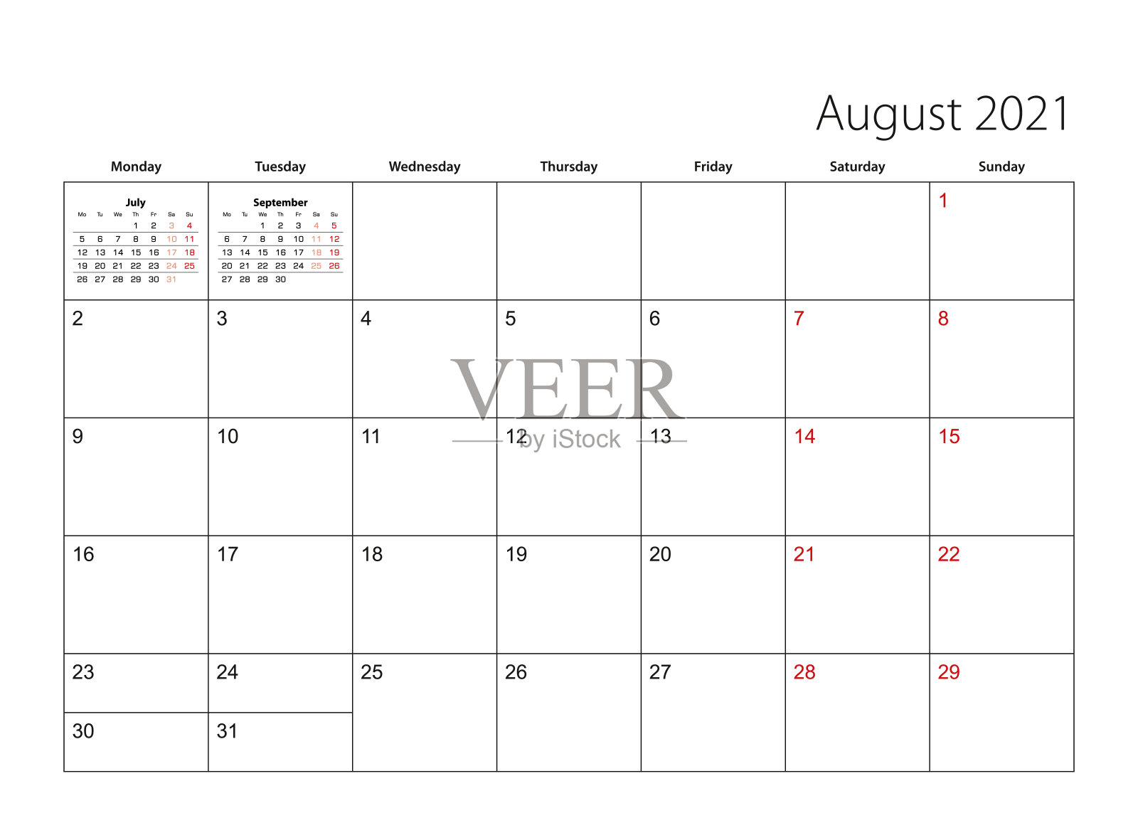 8月2021年简单的日历计划，每周从周一开始。插画图片素材