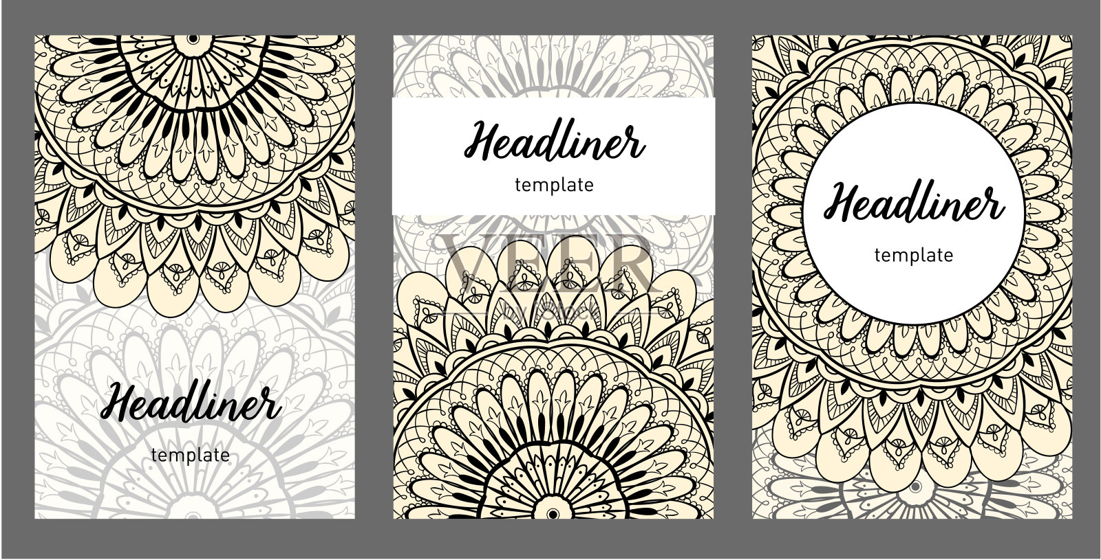 套老斋月传单页装饰插图概念。复古艺术传统，伊斯兰，阿拉伯，印度，杂志，元素。装饰复古贺卡或邀请布局设计设计模板素材