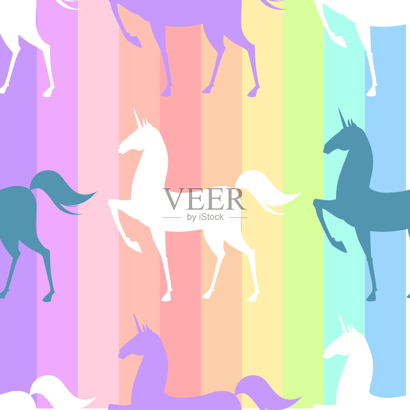 无缝图案与矽化独角兽。彩色插图有粉色、蓝色、紫外光色插画图片素材