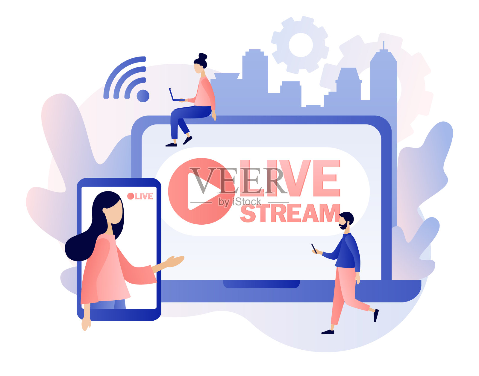 在线直播在社交网络上指挥和观看直播的小人物。在线视频聊天。现代平面卡通风格。矢量插图上的白色背景插画图片素材