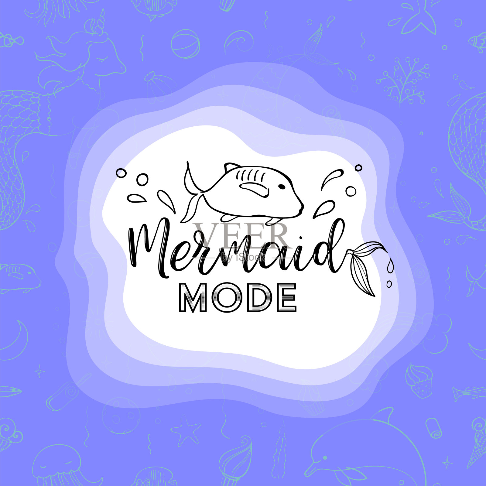 排版设计美人鱼模式。无缝图案与幻想涂鸦美人鱼主题。装饰背景为儿童女孩纺织品。插画图片素材