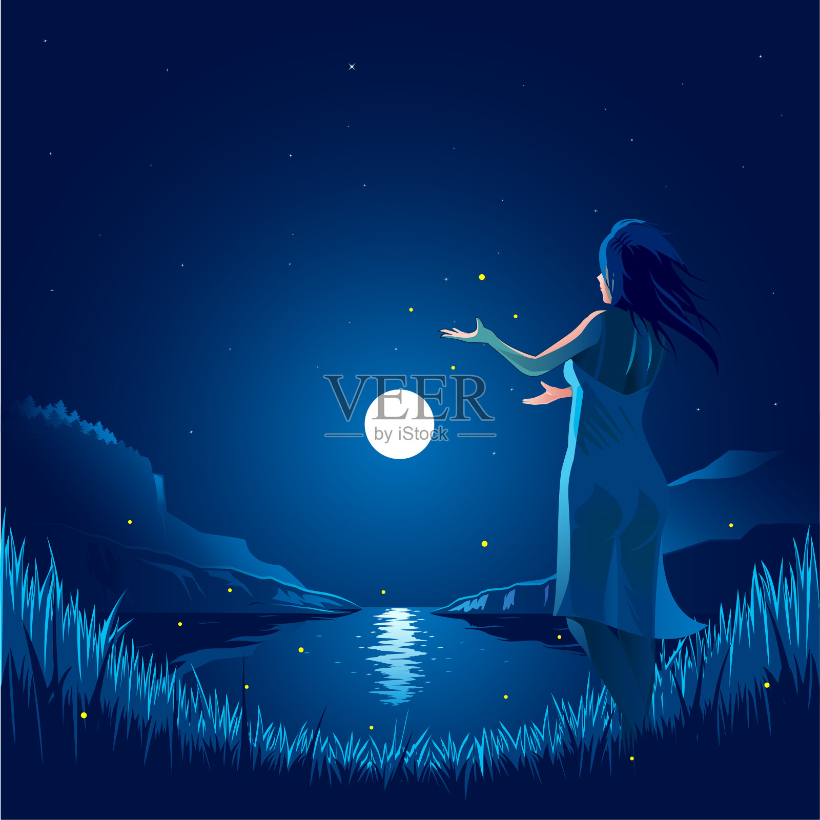 夜晚的湾景插画图片素材