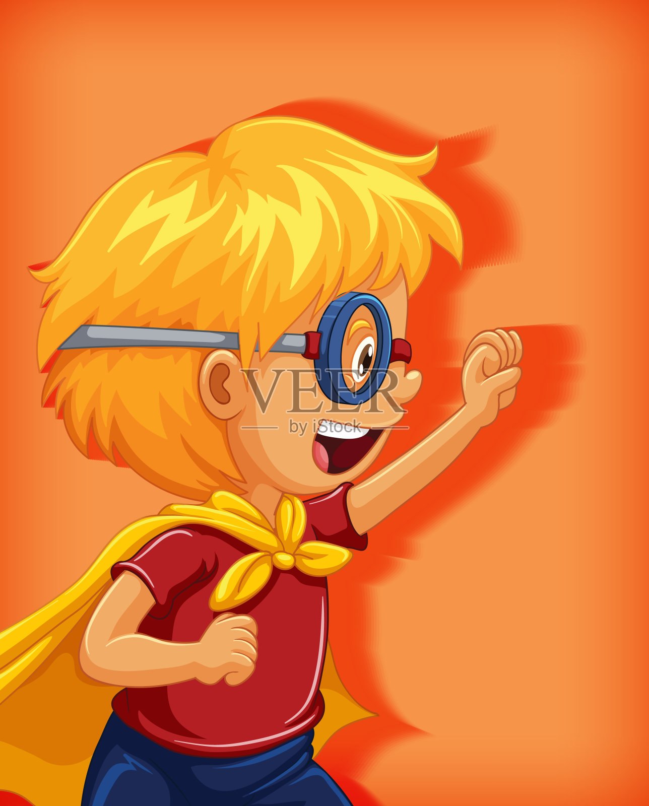 男孩穿着超级英雄与扼腕位置卡通人物肖像孤立插画图片素材