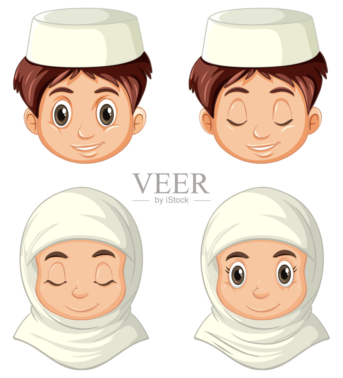 集不同面貌的阿拉伯穆斯林在传统服装孤立插画图片素材