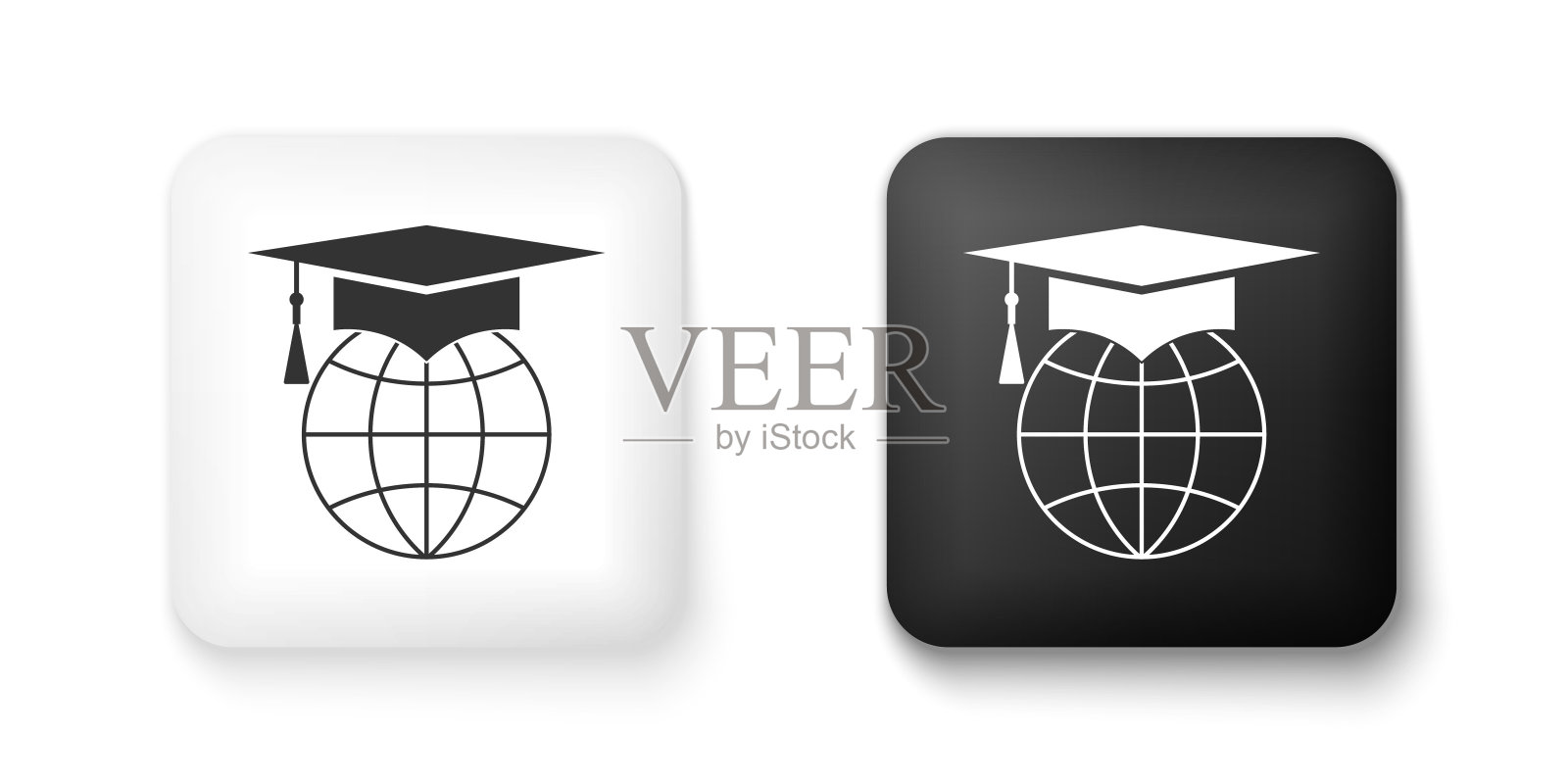 黑白毕业帽上的地球仪图标隔离在白色背景上。世界教育的象征。在线学习或电子学习的概念。方形按钮。向量图标素材