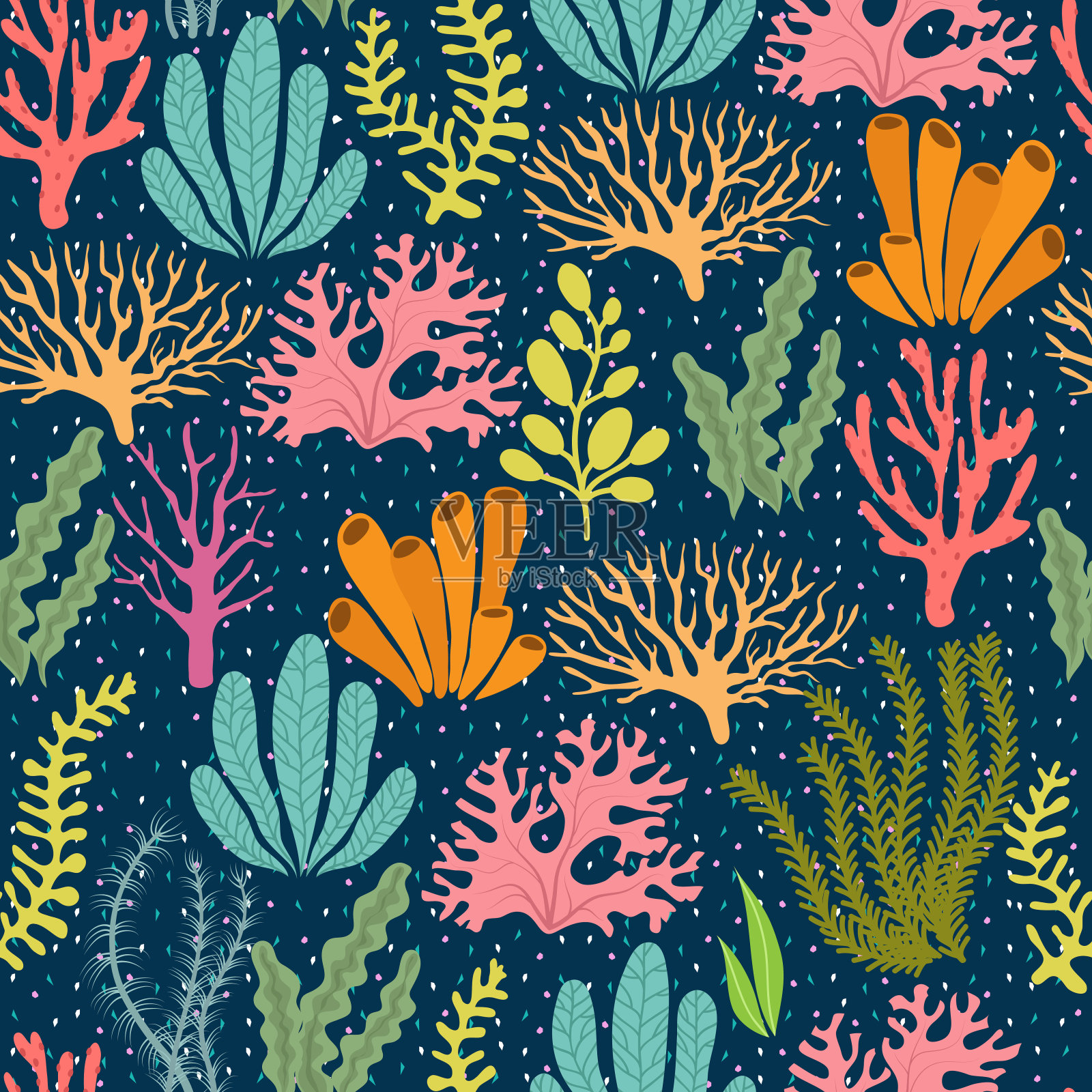 海草无缝图案。海洋植物海洋矢量无穷纹理插画图片素材