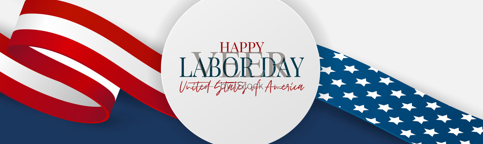 劳动节横幅。美国国家联邦假日标题设计。美国国旗飘扬的彩带背景。现实的矢量图。插画图片素材