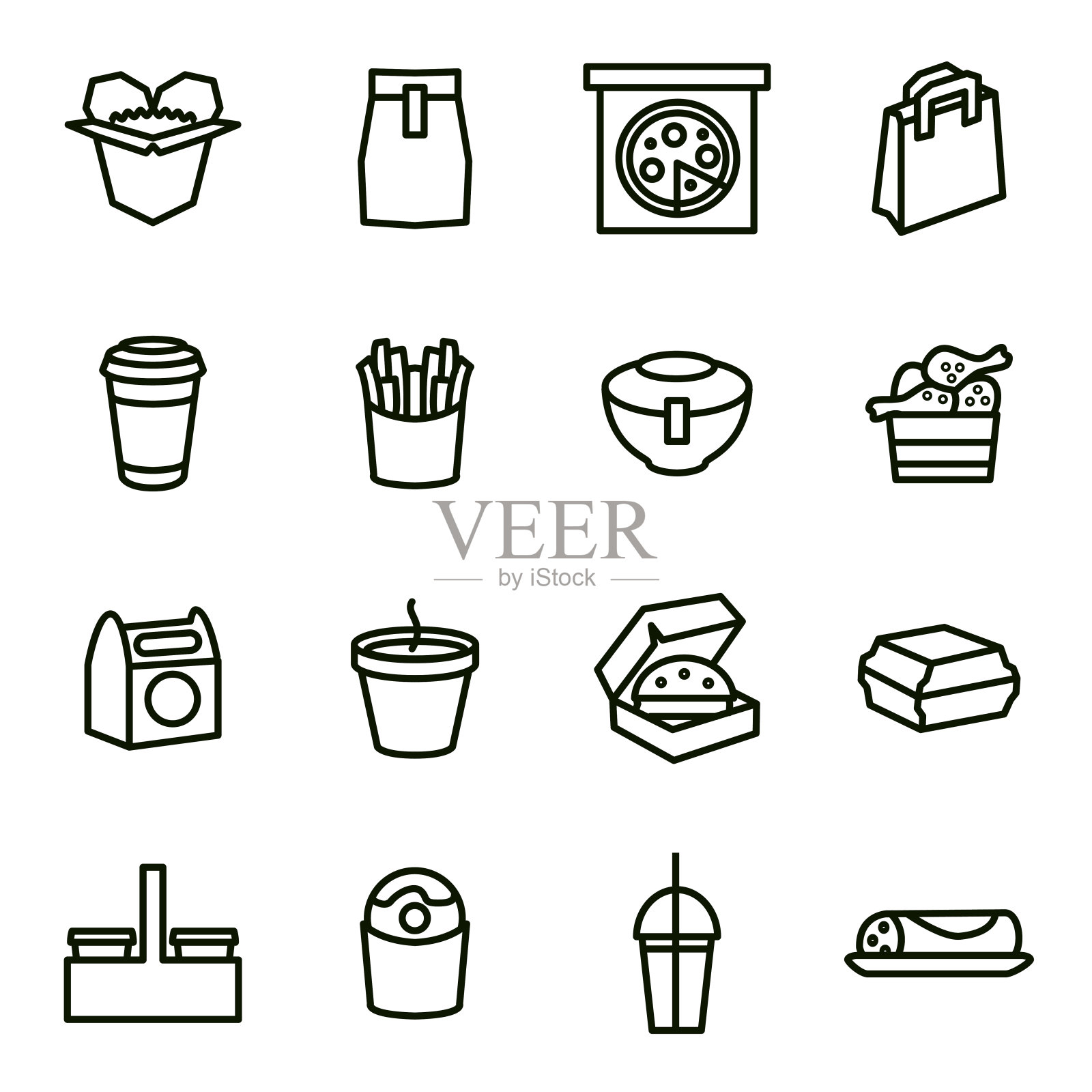 外卖食品黑细线图标设置。向量插画图片素材