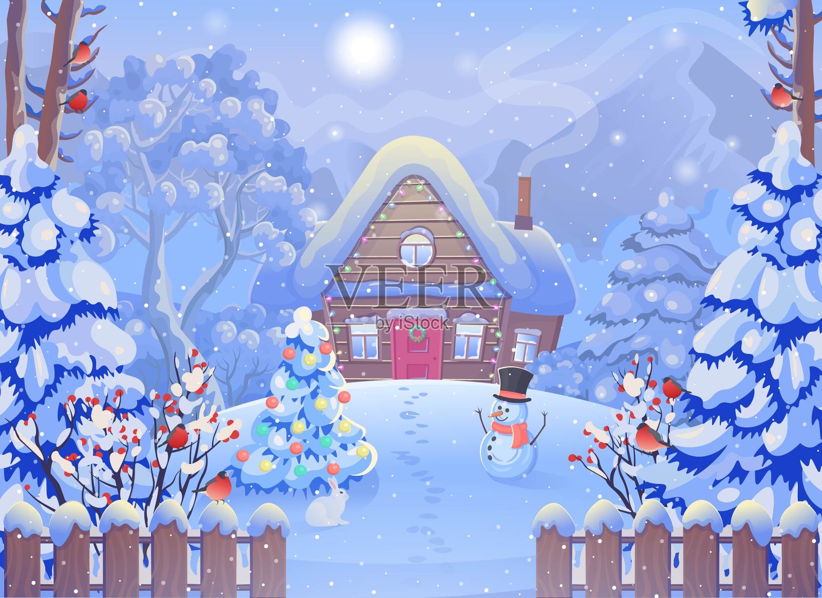 冬天雾蒙蒙的森林景观有木屋、山、雪人、篱笆、圣诞树、兔子、红腹灰雀、阳光。矢量绘图插图卡通风格。水平的背景。圣诞贺卡。插画图片素材