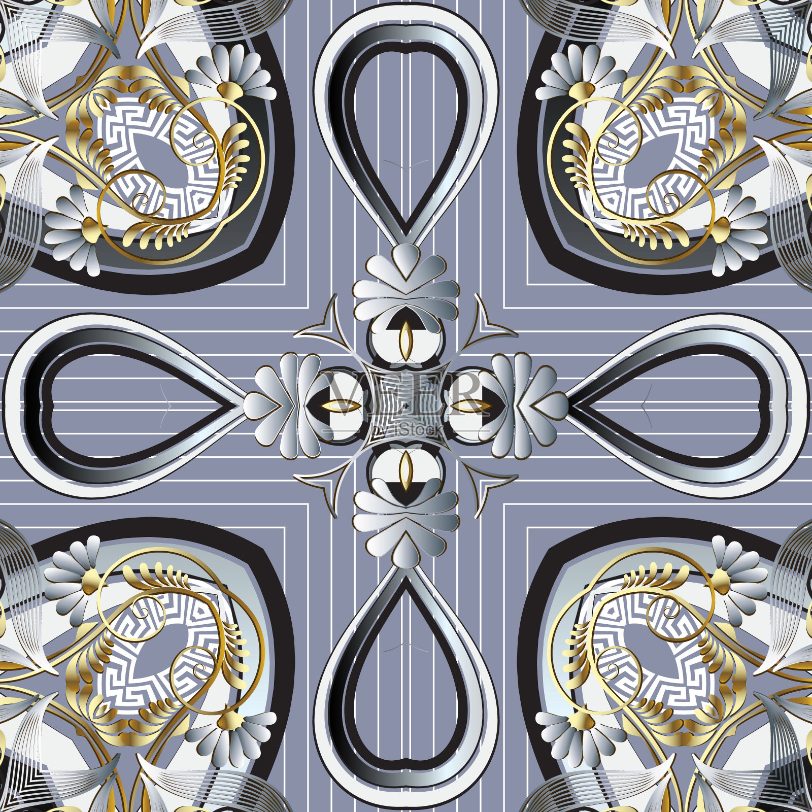 花卉无缝模式。载体观赏条纹背景。重复民族风格的装饰背景。摘要洋甘菊花，几何形状，线条，条纹。希腊键蜿蜒现代装饰插画图片素材