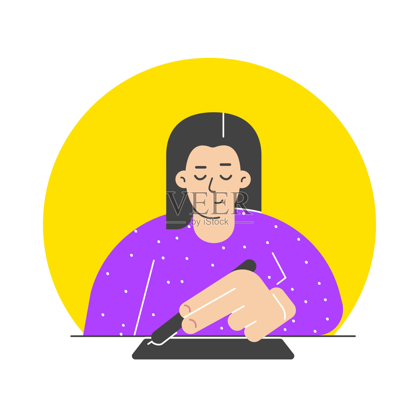 矢量孤立平面概念。卡通设计师(女孩)绘制插图使用图形平板电脑和手写笔坐在桌子上。用现代设备学习新技能，提高专业水平插画图片素材
