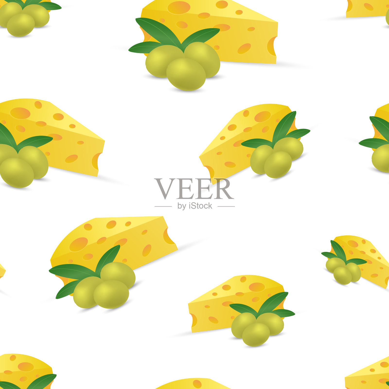 矢量无缝模式的橄榄叶和奶酪在白色的背景。适用于织物、包装、餐巾纸等印刷插画图片素材