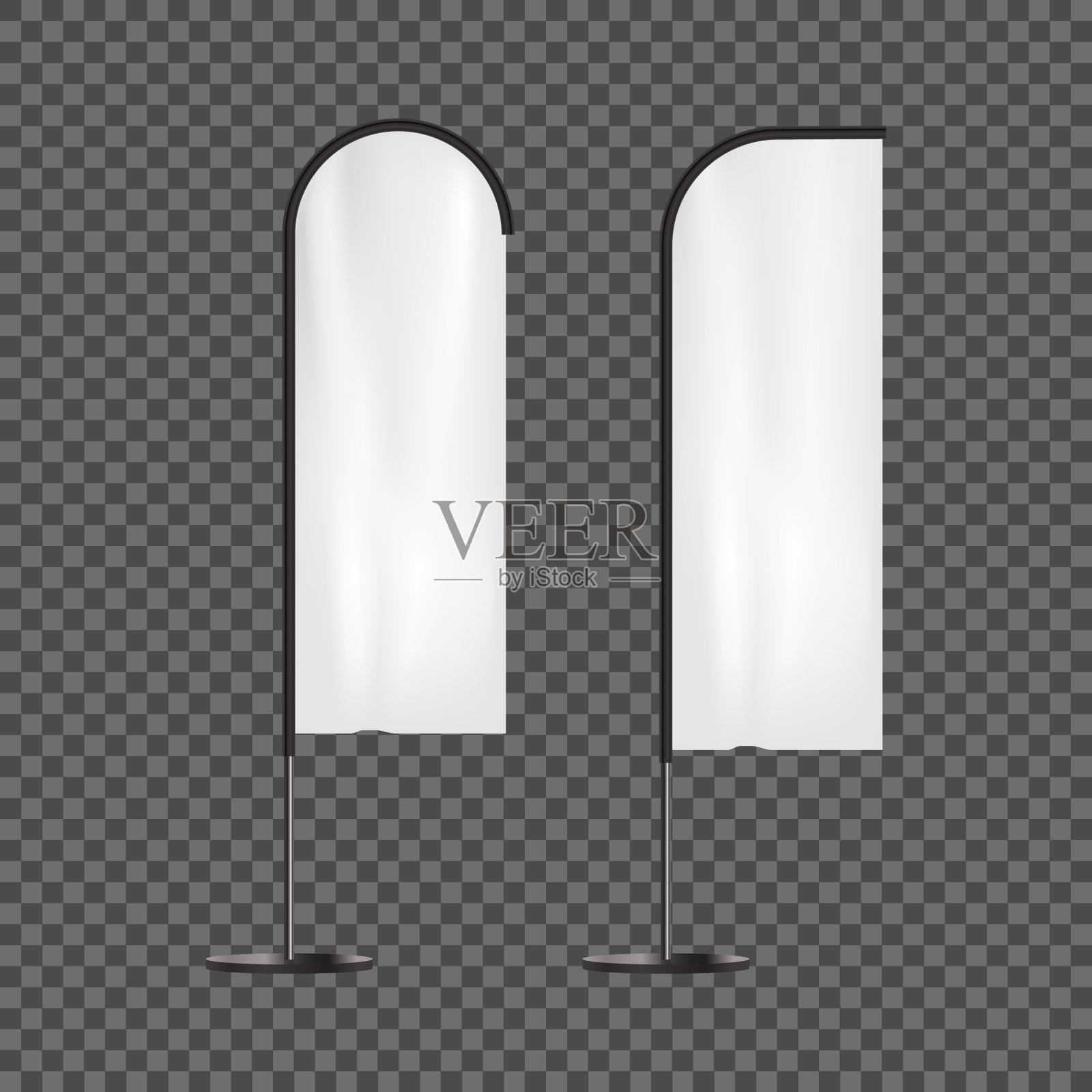 逼真的3d详细的白色空白世博会旗帜旗帜模板模型集。向量插画图片素材