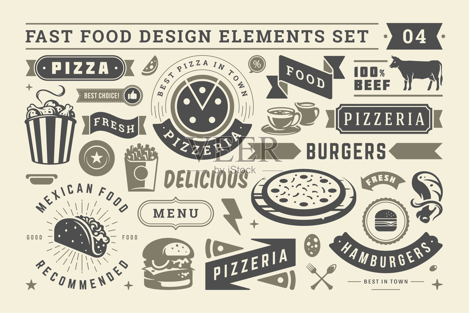 快餐和街道标志和符号与复古排印设计元素向量集为餐厅菜单装饰插画图片素材