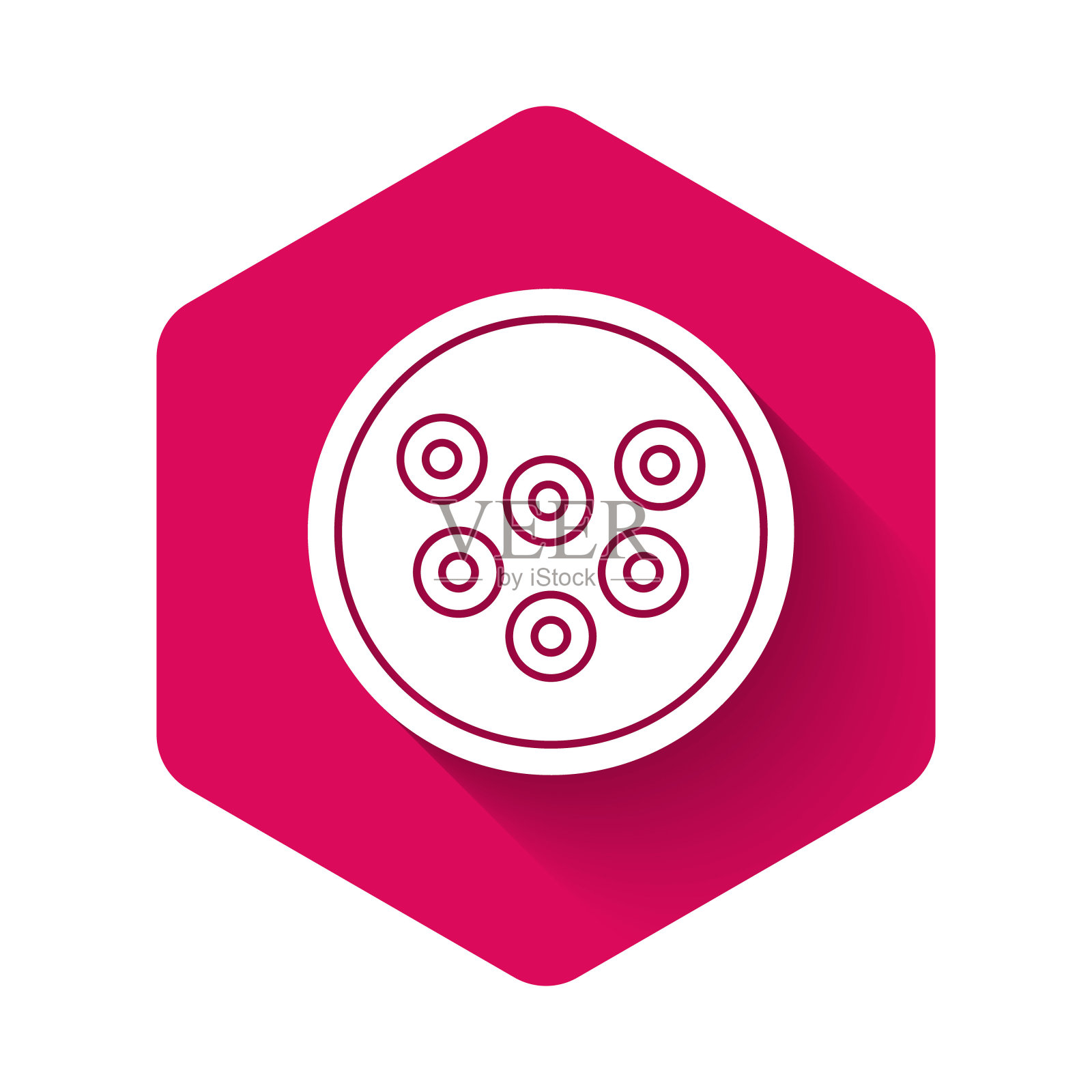 白色鱼子酱在一个盘子图标孤立与长影子。粉红色的六角按钮。向量插画图片素材