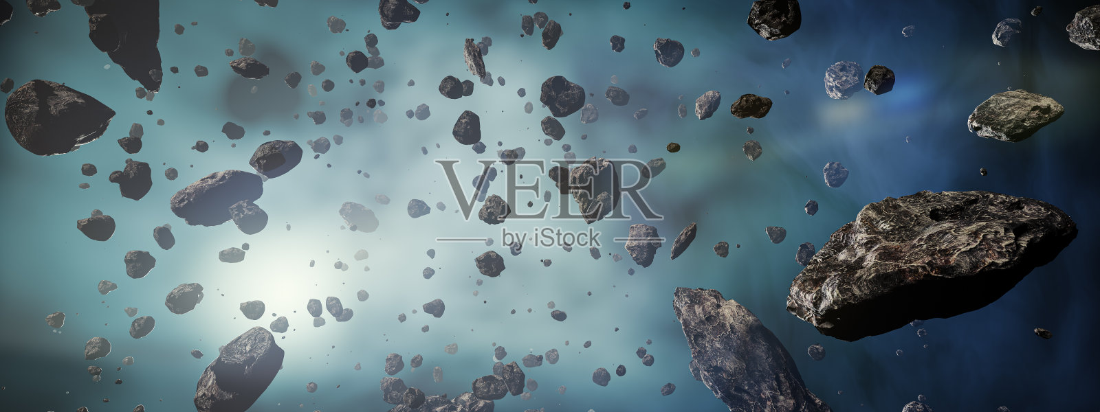 小行星场在雾的大气全景景观。外太空风景或太空逃亡3D渲染插图。照片摄影图片