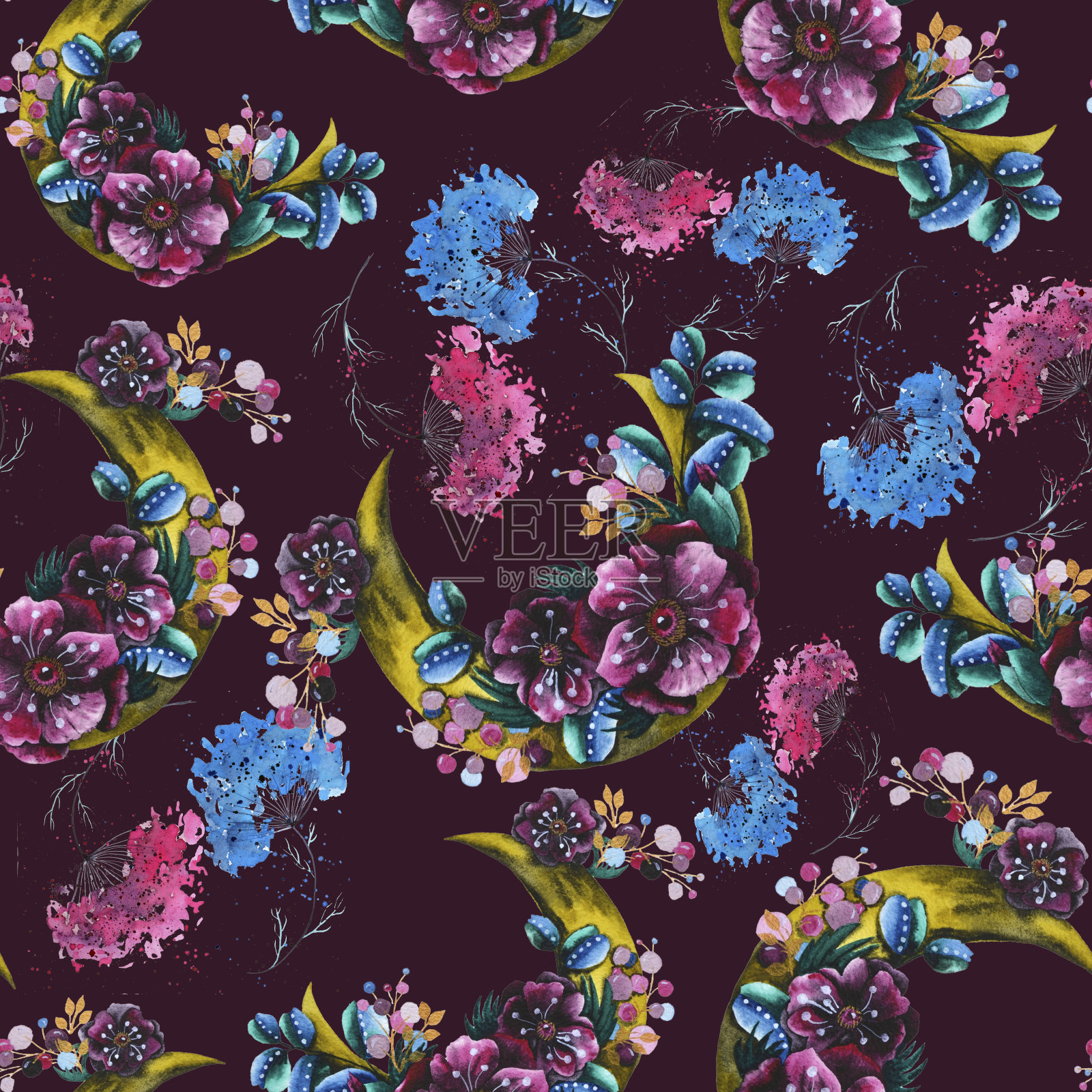 水彩复古无缝模式与月亮，玫瑰，球果，云杉树枝，野花和浆果在白色的背景，冬天插画图片素材