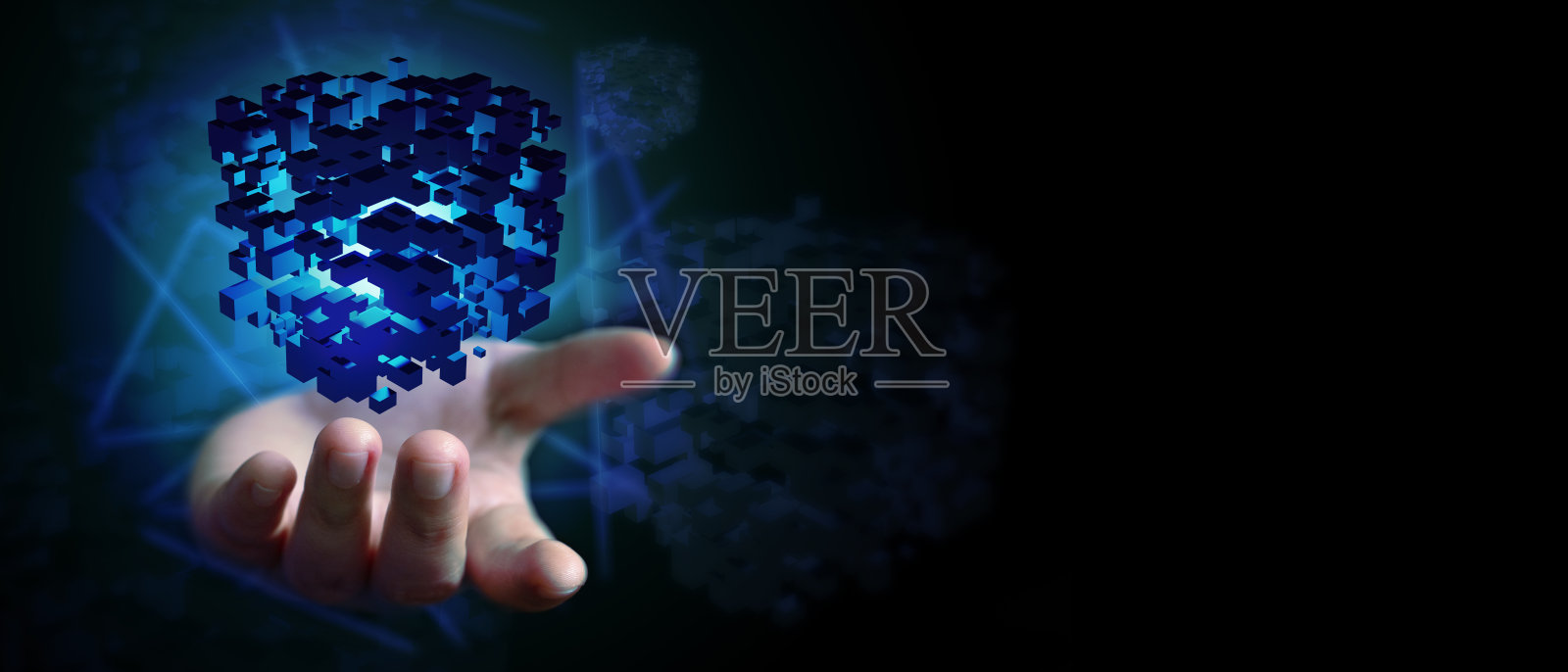 3D插画抽象背景与创意创意灯泡立方体方形触摸技术概念创新区块链安全商业数字无现金比特币世界插画图片素材