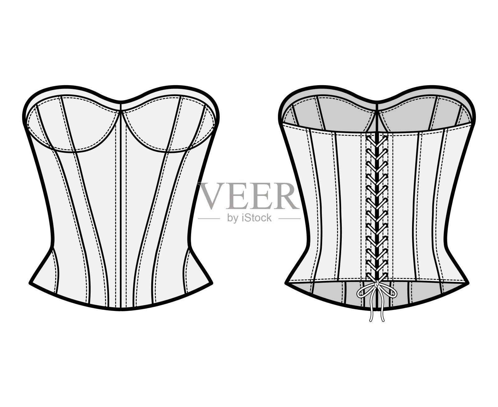 紧身衣风格的顶部技术时尚插图与合身的身体，scoop无肩带领口，蕾丝背设计元素图片