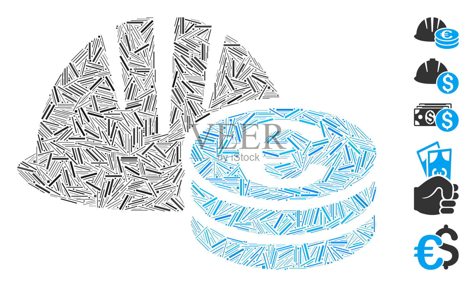 线拼贴头盔和欧元硬币插画图片素材