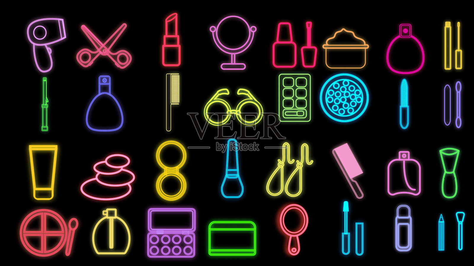 明亮的颜色的美容项目为创造美丽的黑色背景。化妆和美发师的工具。图标，美容酒吧的招牌。可爱的东西。矢量图图标素材