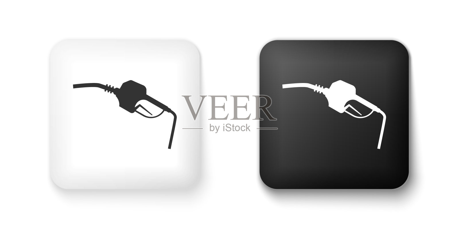 黑色和白色汽油泵喷嘴图标隔离在白色背景。燃油泵加油站。加油服务标志。加油站图标。方形按钮。向量图标素材