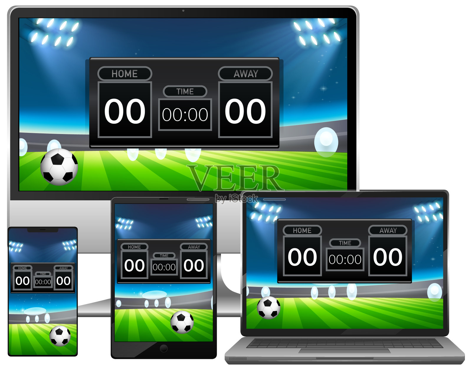 在不同的电子设备屏幕上设置足球比赛比分新闻插画图片素材