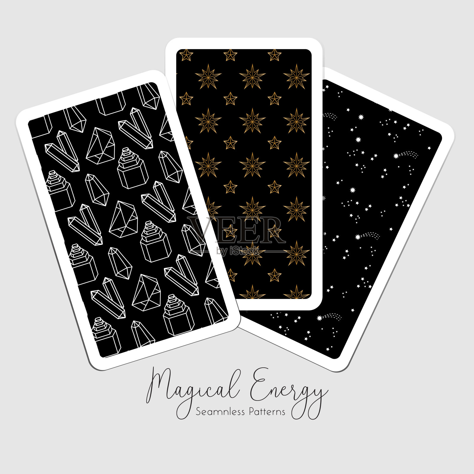 魔法能量星和水晶无缝模式与黑色背景插画图片素材