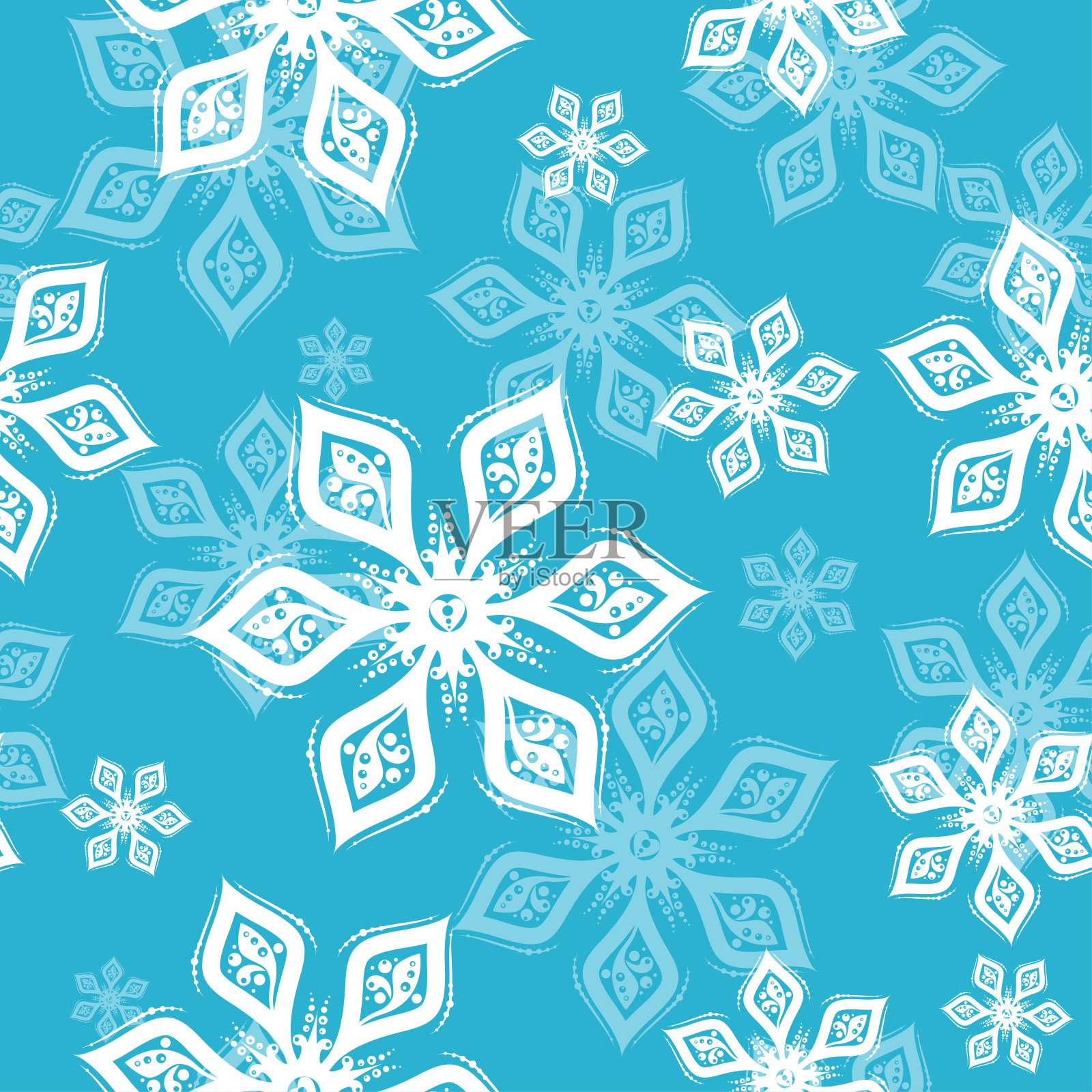 白色和蓝色雪花无缝图案上的蓝色背景。插画图片素材