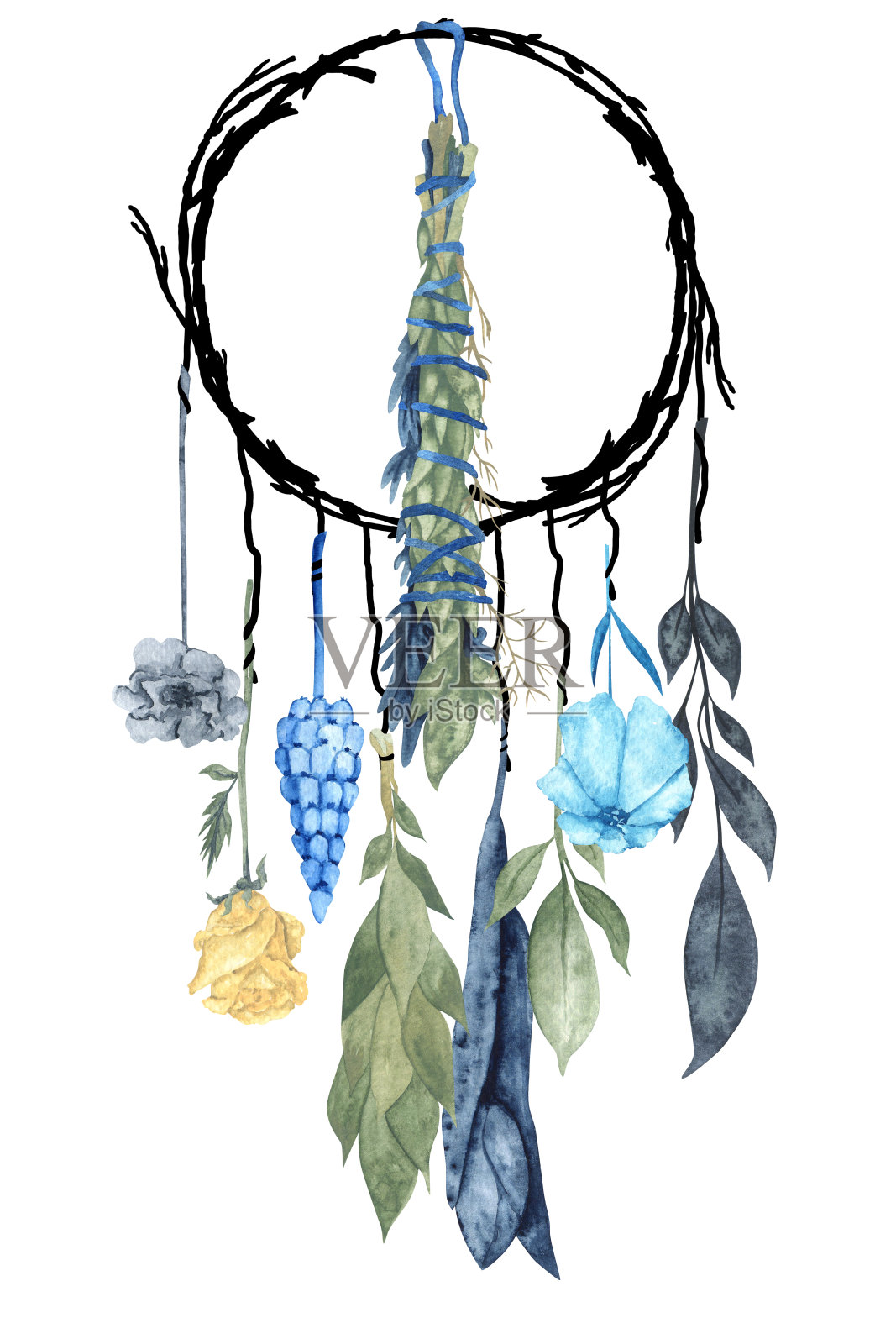 悬挂在树枝上的干花、药草和香料。水彩植物和图形元素印刷，卡片，装饰。插画图片素材