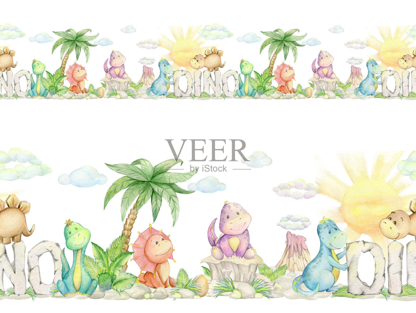 可爱的恐龙，棕榈树，火山，植物。水彩，无缝模式，在一个孤立的背景。史前动物，用于在织物上印刷，数码纸。插画图片素材