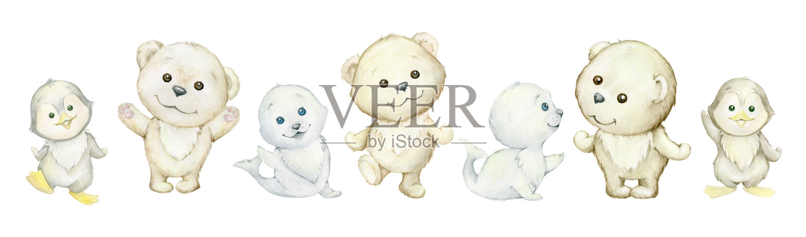 可爱的海豹，白熊，企鹅。水彩,冬天。可爱的极地动物在白色的背景。插画图片素材