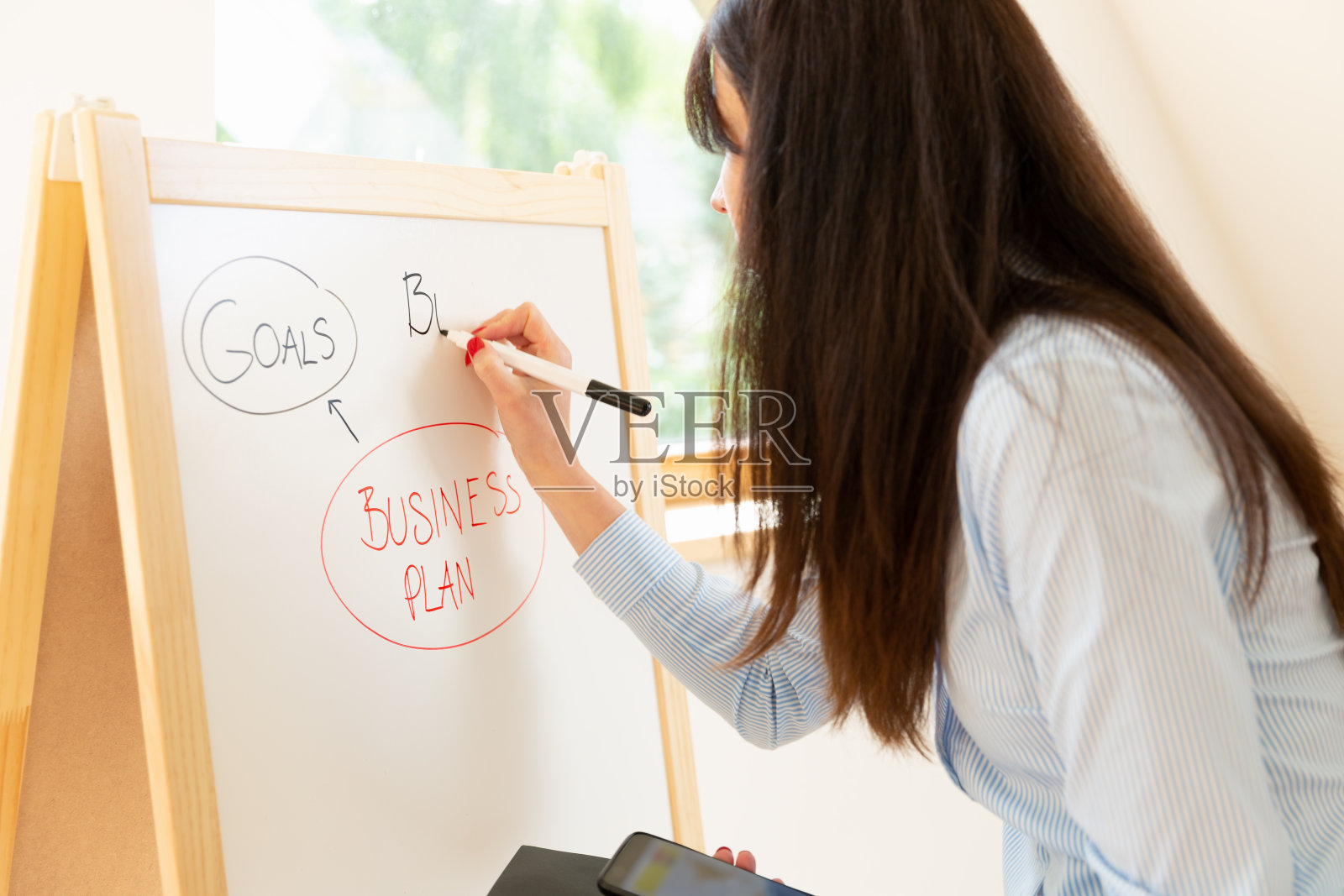商业女性准备在家通过在孩子的白板上画画来参加电子学习。在家工作的概念。照片摄影图片