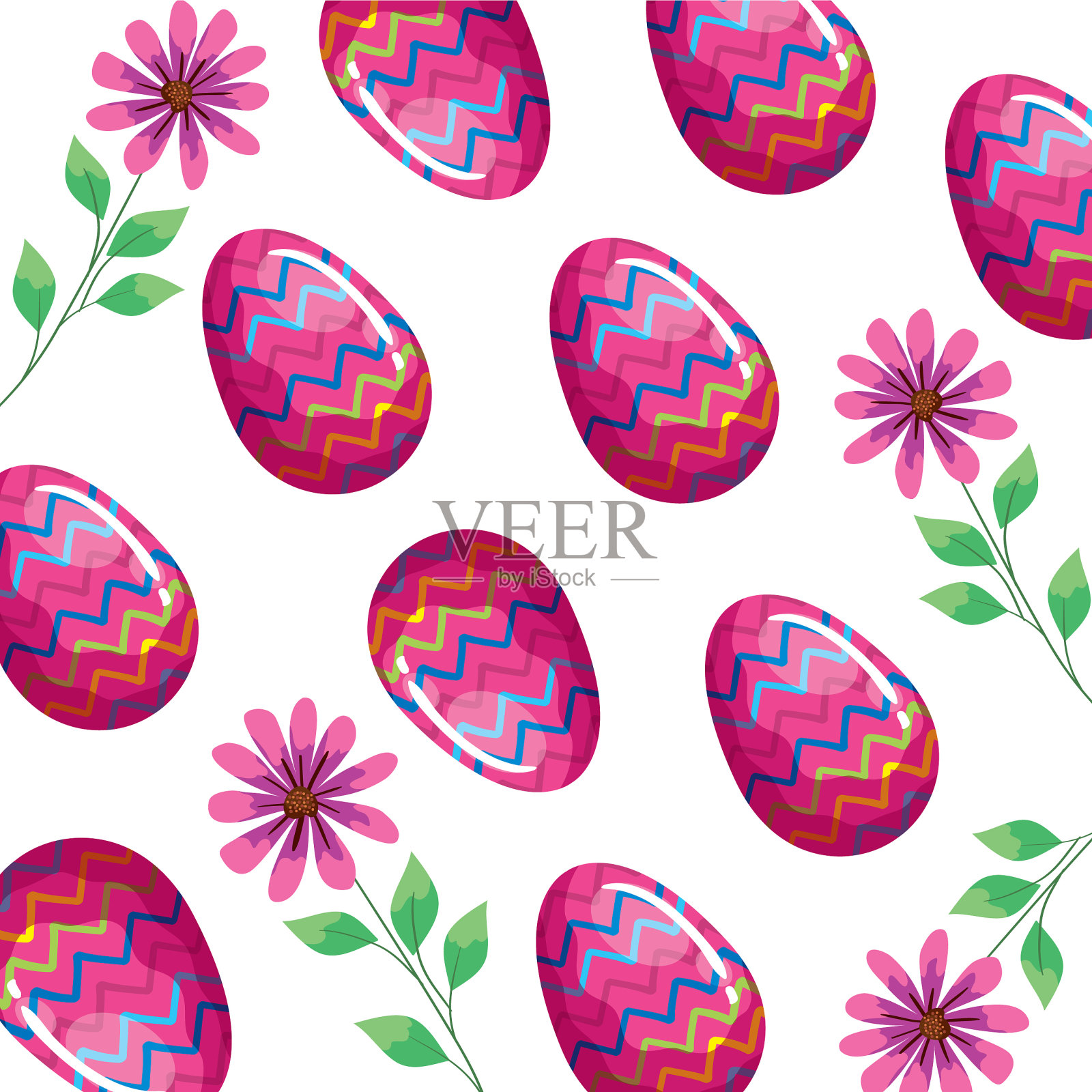 背景可爱的复活节彩蛋与鲜花插画图片素材