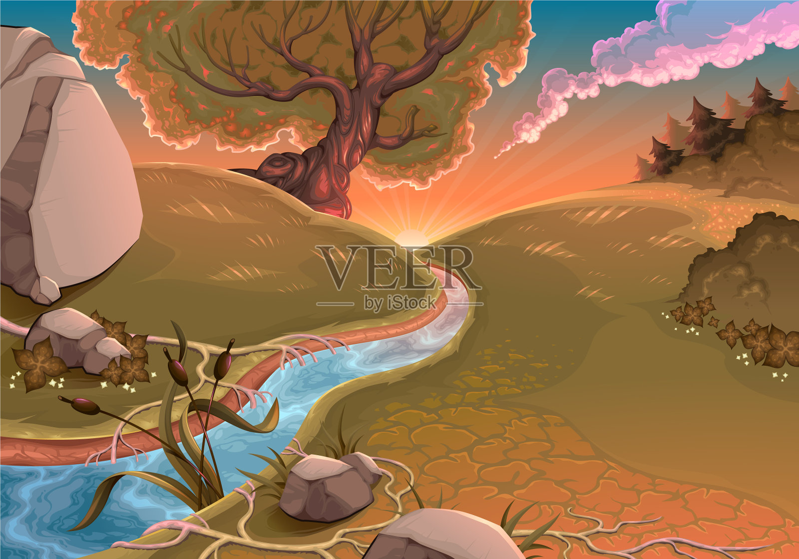 在一个宁静的地方日落插画图片素材