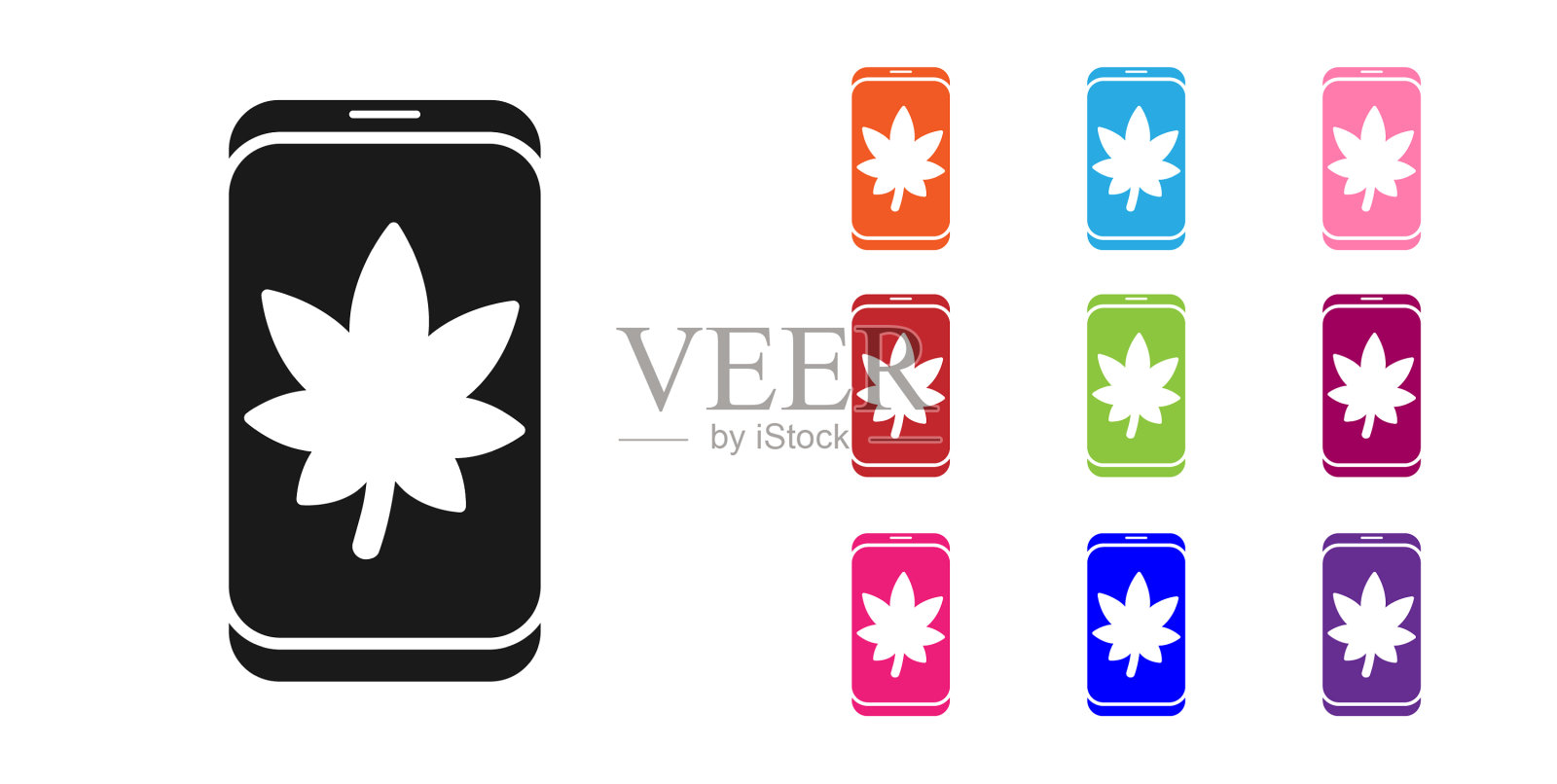 手机屏幕上的黑叶子图标孤立上插画图片素材