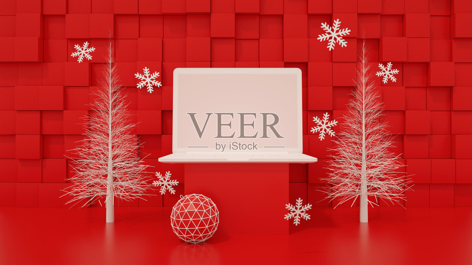 黑屏笔记本电脑与圣诞树，最小的新年概念，红色背景照片摄影图片