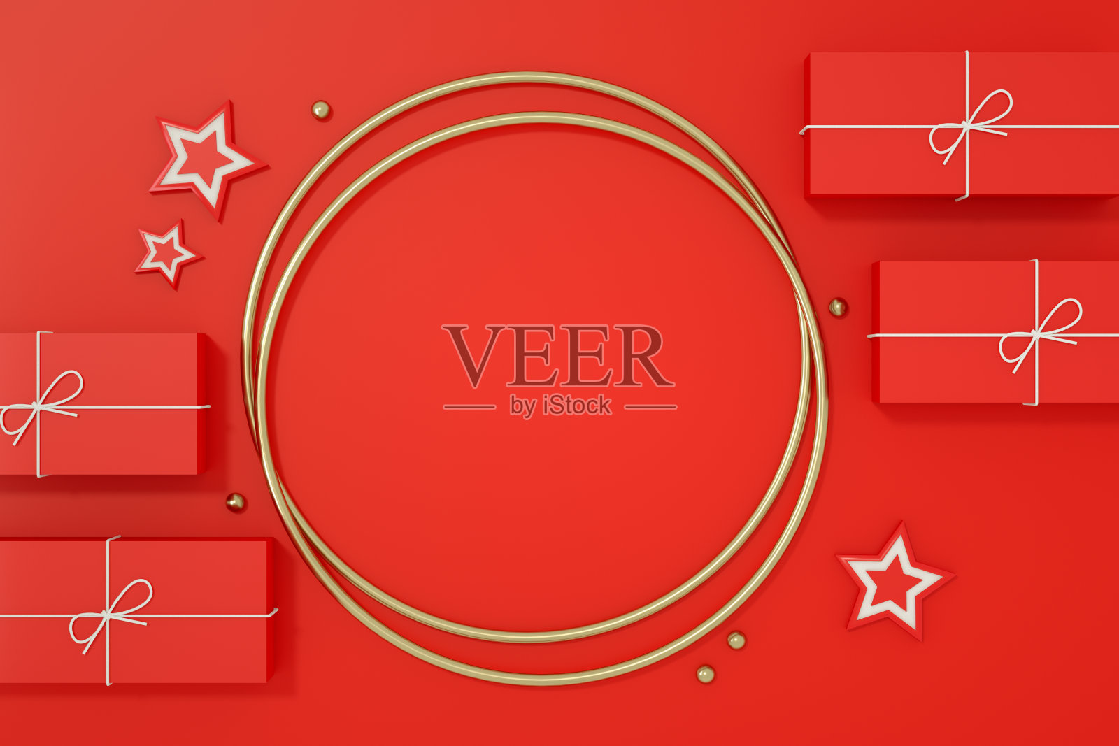 3D圣诞装饰品的红色背景，空的框架，新年的概念照片摄影图片