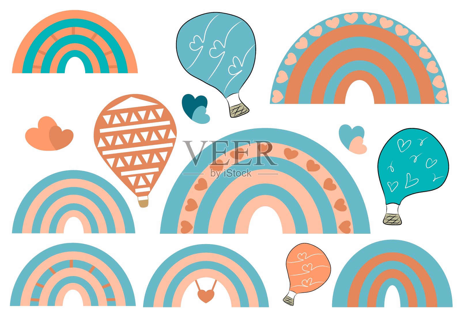 收集彩色彩虹的婴儿，儿童，印刷，卡片，纺织品，织物，壁纸和网络，透明背景上的矢量插图插画图片素材