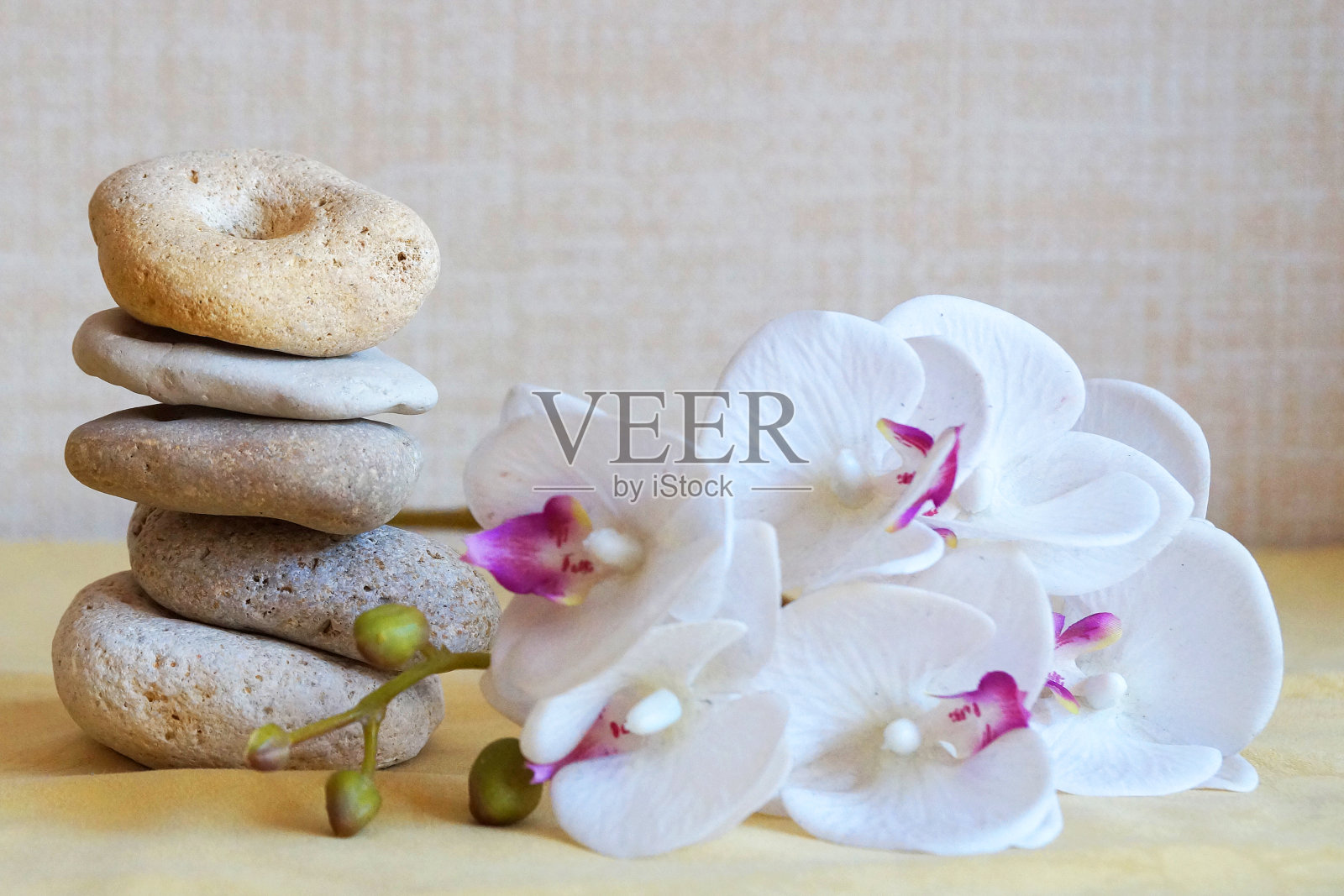 白色兰花花和天然石雕金字塔，放松禅宗背景照片摄影图片