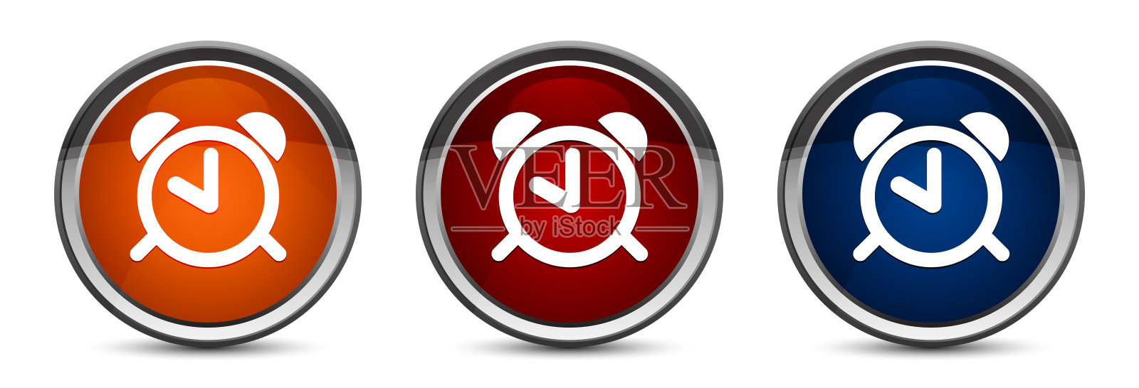 闹钟图标专属蓝、红、橙圆形按钮设计套装插画图片素材